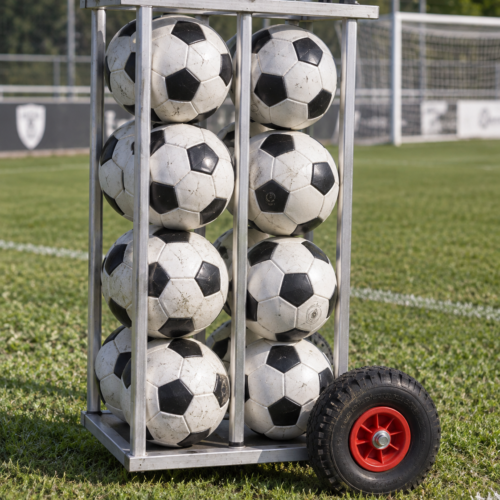 Aluminium ballenkar met voetballen op een voetbalveld