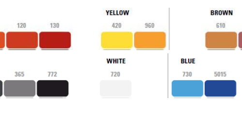 Betonnen zitelementen. De reuzen Smartie 79 Kleurenkaart met beschikbare kleuren: rood, geel, bruin, zwart, wit, blauw en groen, met verschillende kleurnummers per kleur