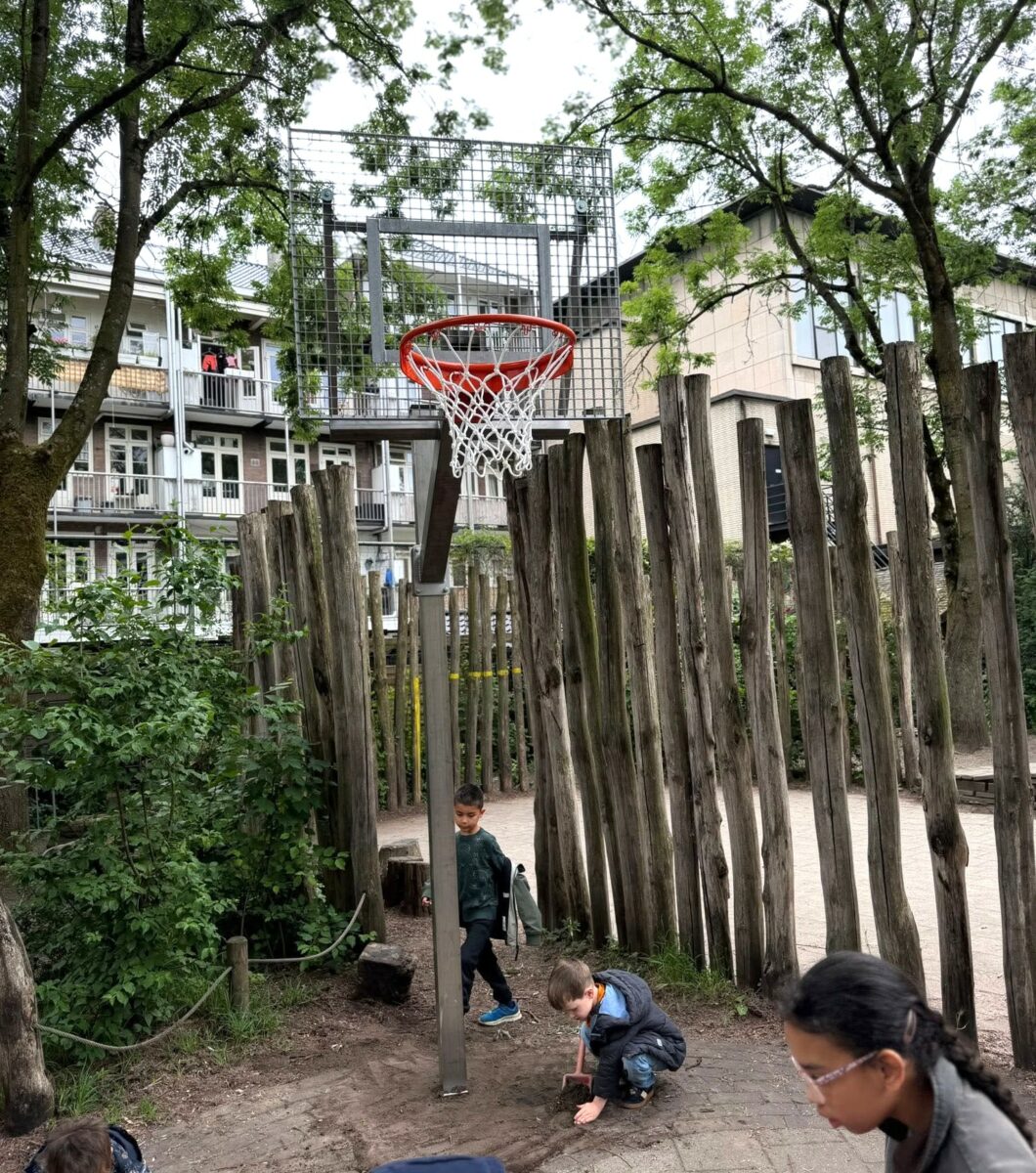 Verstelbare basketbalpaal Rothe+ geplaatst bij AMOS Onderwijs Amsterdam 2 Verstelbare basketbalpaal met vandalismebestendig basketbalbord voor intensief gebruik.