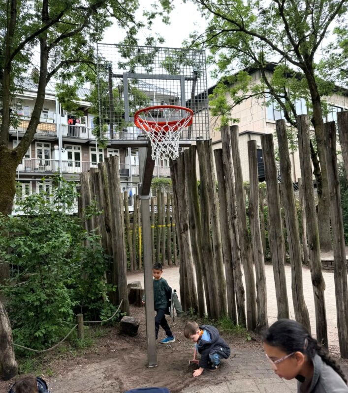 Verstelbare basketbalpaal met vandalismebestendig basketbalbord voor intensief gebruik.