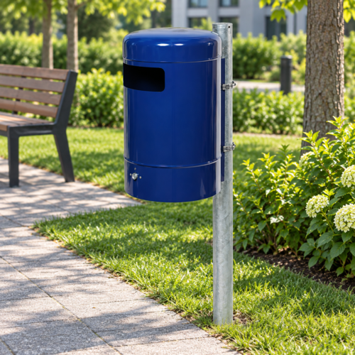 afvalbak aan staander in park met kleine inwerpopening