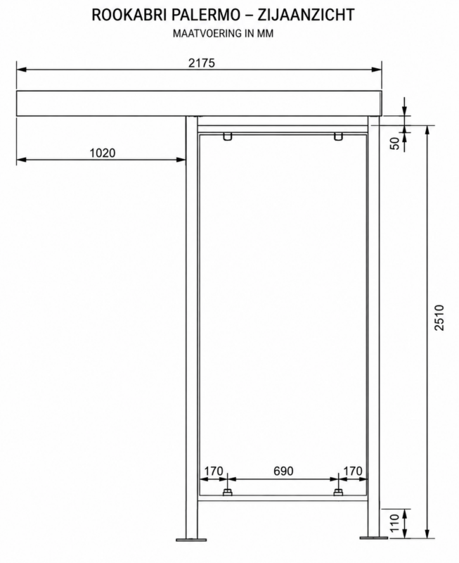 Rookabri Palermo zijaanzicht met maatvoering, zijwand 1020 mm en dakdiepte 2175 mm