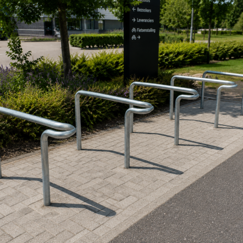 Aanleunbeugel: Speciaal 5 Verzinkte fietsaanleunbeugels met gebogen uiteinde waardoor de fiets beter beschermt wordt.