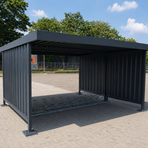 Fietsoverkapping Leipzig – Budgetvriendelijk & Schakelbaar 121 Dubbelzijdige fietsoverkapping Leipzig op parkeerplaats voor circa 20 fietsen