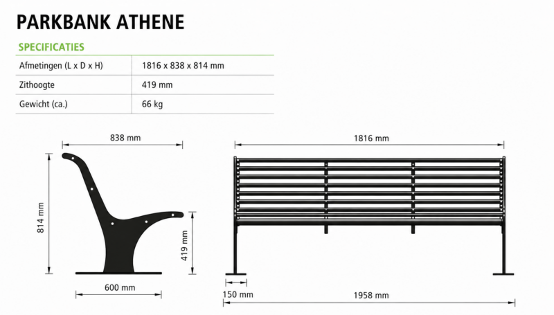 technische tekening parkbank Athene met rugleuning