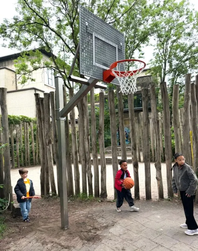 Antivandaal basketbalbord gemonteerd aan een verstelbare basketbalpaal voor schoolpleinen.