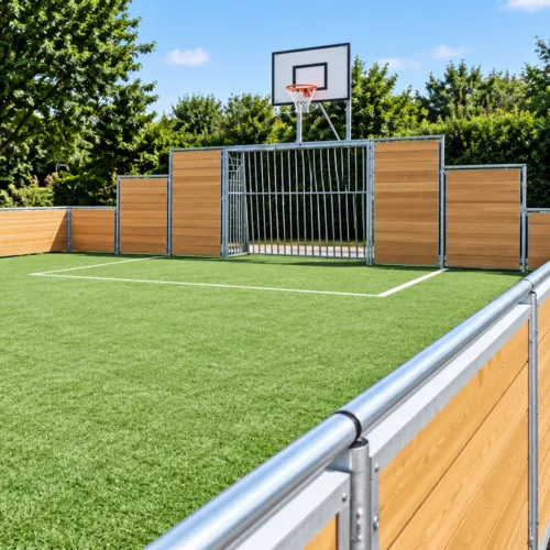 Multisport voetbalkooi met houten zijwanden, voetbaldoel en basketbalbord in groene buitenomgeving