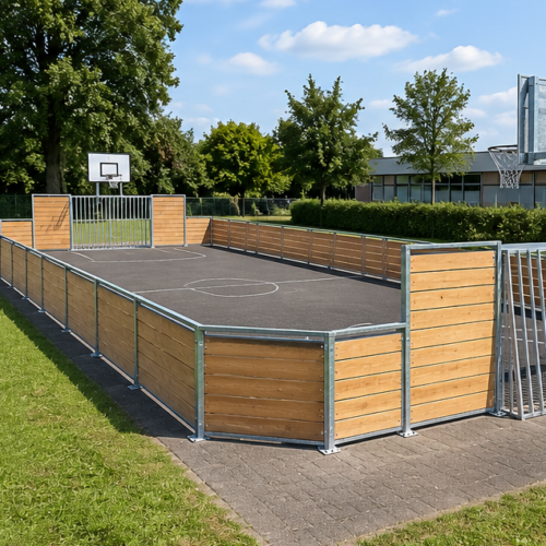 Voetbalkooi -pannacourt 8 multi sportkooi met houten wanden en verzinkte voetbaldoelen met basketbal