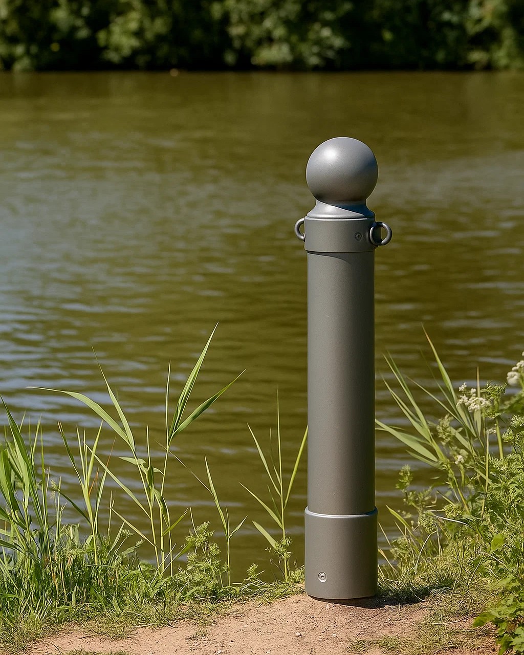 Parkeerpaal met aluminium bolkop 1 Afzetpaal langs de waterkant, voorzien van een aansluiting voor een ketting.
