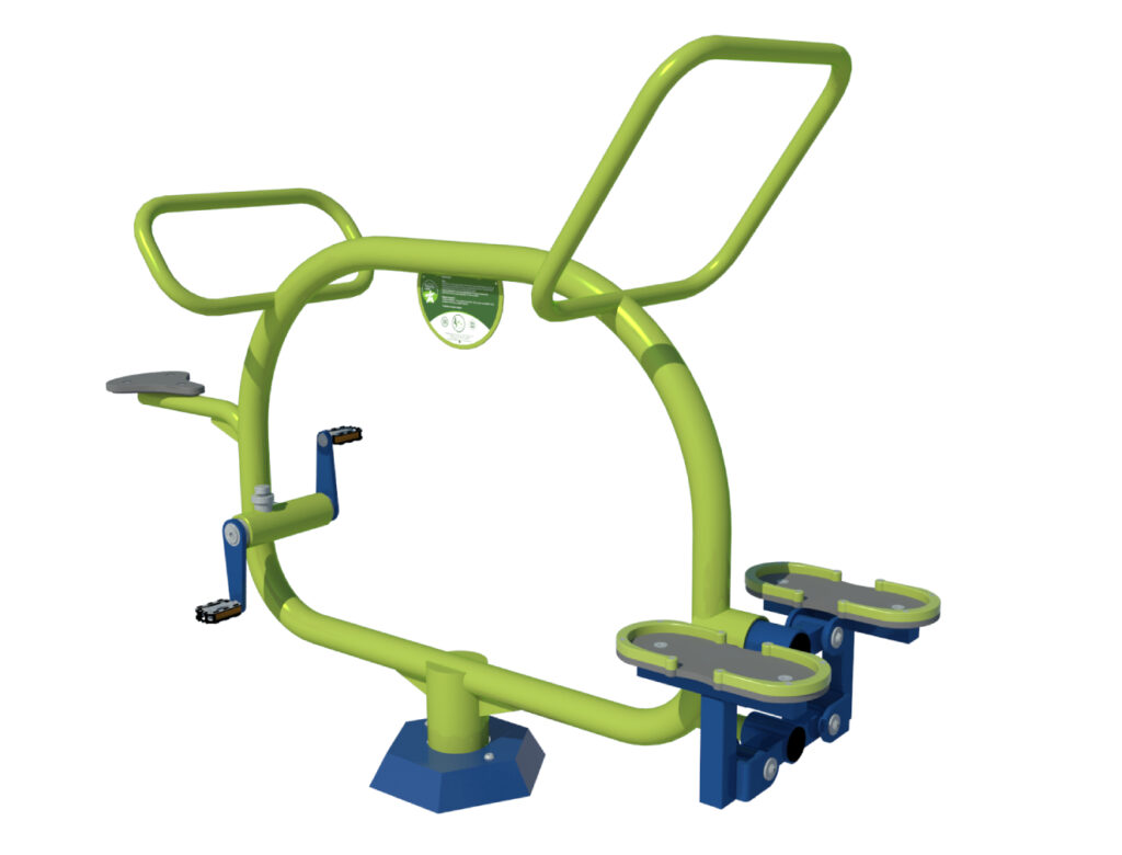 Inclusief beweegpark inrichten: buitenfitness en kinderfitness combineren 8 De Bicycle - Stepper combinatie. Een buiten fitness toestel voor 2 kinderen tegelijk. Een aanwinst voor uw sportief schoolplein en slechts 1 van onze vele mogelijkheden als het om kinderfitnesstoestellen voor de buitenruimte gaat.