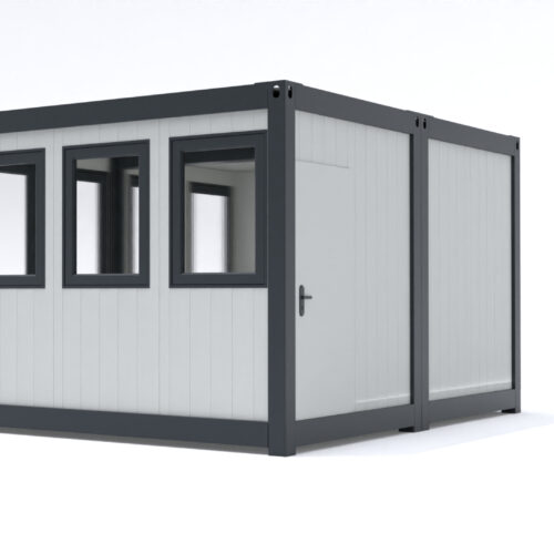 Prefab kantoorunit KLW 27 Kantoorunit Alicia in de standaard configuratie afmetingen: 5x2m. Leverbaar als kantoorunit voor binnen en geïsoleerd voor buiten. Kozijnen en frame naar keuze ral 9010 of antraciet ral 7016.