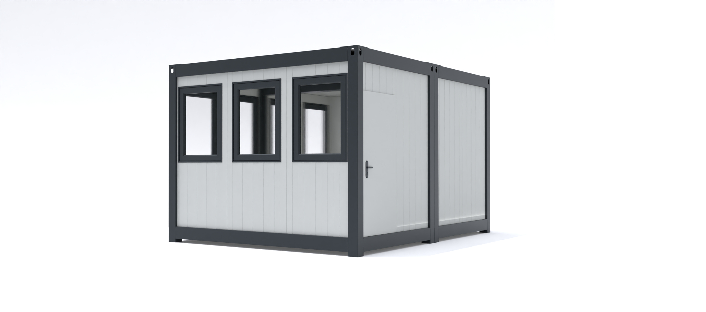 Prefab kantoorunit KLW 6 Kantoorunit Alicia in de standaard configuratie afmetingen: 5x2m. Leverbaar als kantoorunit voor binnen en geïsoleerd voor buiten. Kozijnen en frame naar keuze ral 9010 of antraciet ral 7016.