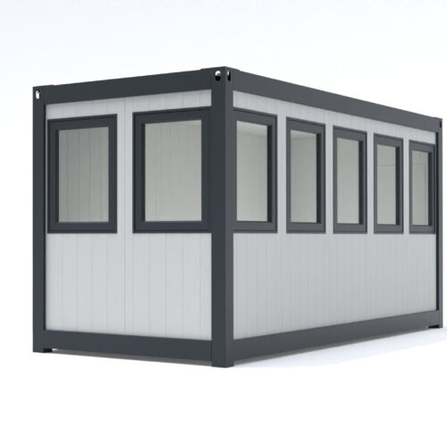 Prefab kantoorunit KLW 26 Kantoorunit Alicia in de standaard configuratie afmetingen: 4x2m. Leverbaar als kantoorunit voor binnen en geïsoleerd voor buiten. Kozijnen en frame naar keuze ral 9010 of antraciet ral 7016.