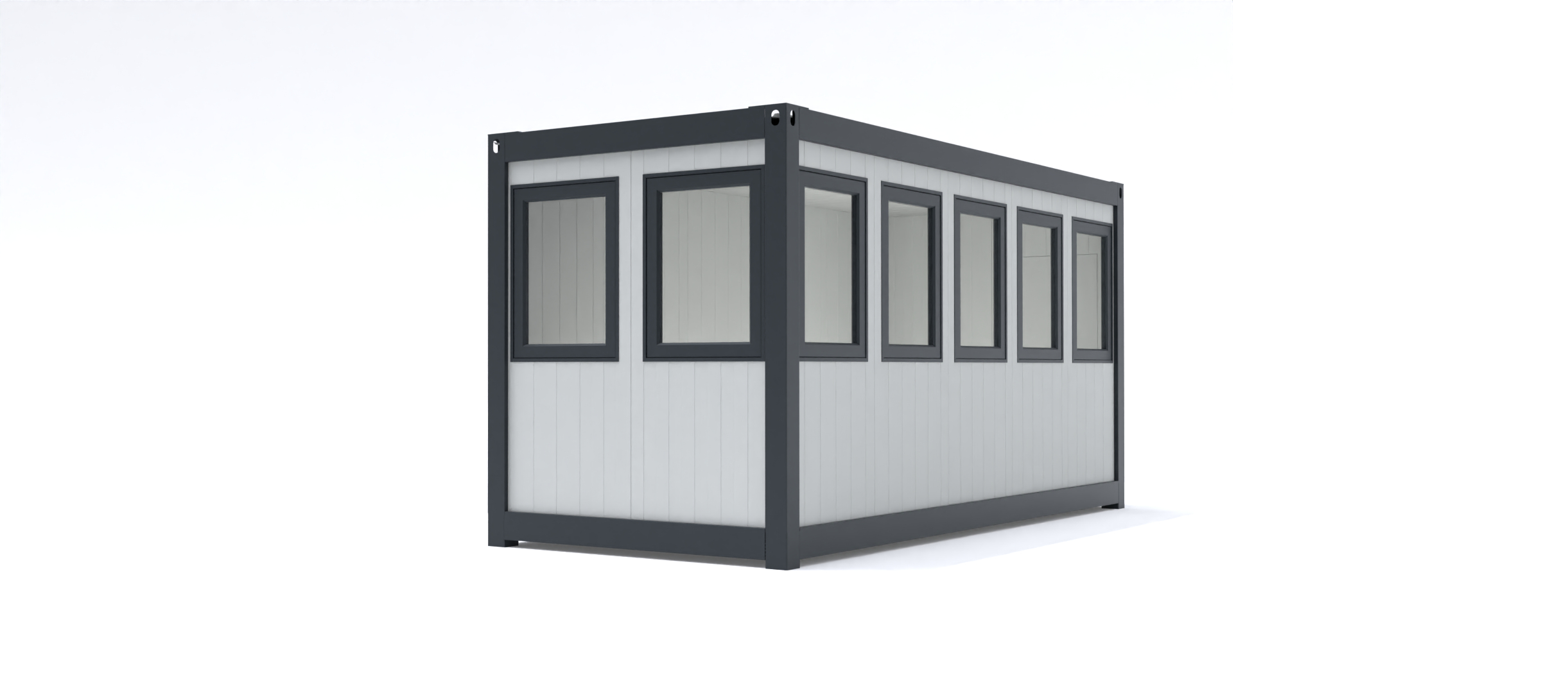 Prefab kantoorunit KLW 5 Kantoorunit Alicia in de standaard configuratie afmetingen: 4x2m. Leverbaar als kantoorunit voor binnen en geïsoleerd voor buiten. Kozijnen en frame naar keuze ral 9010 of antraciet ral 7016.