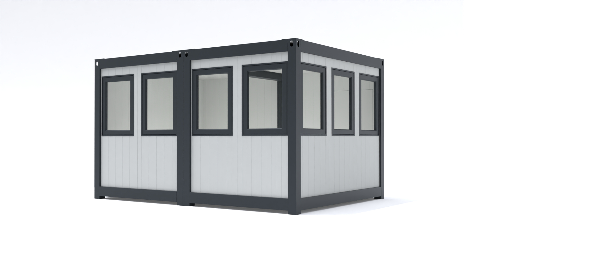 Prefab kantoorunit KLW 7 Kantoorunit Alicia in de standaard configuratie afmetingen: 3x4m. (Deze kantoorunit wordt in 2 delen geleverd die eenvoudig in het werk geschakeld zijn). Kozijnen en frame naar keuze ral 9010 of antraciet ral 7016.