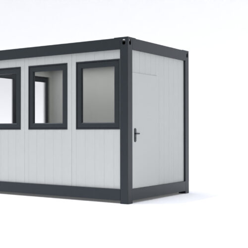 Prefab kantoorunit KLW 24 Kantoorunit Alicia in de standaard configuratie afmetingen: 2x2m. Leverbaar als kantoorunit voor binnen en geïsoleerd voor buiten. Kozijnen en frame naar keuze ral 9010 of antraciet ral 7016.