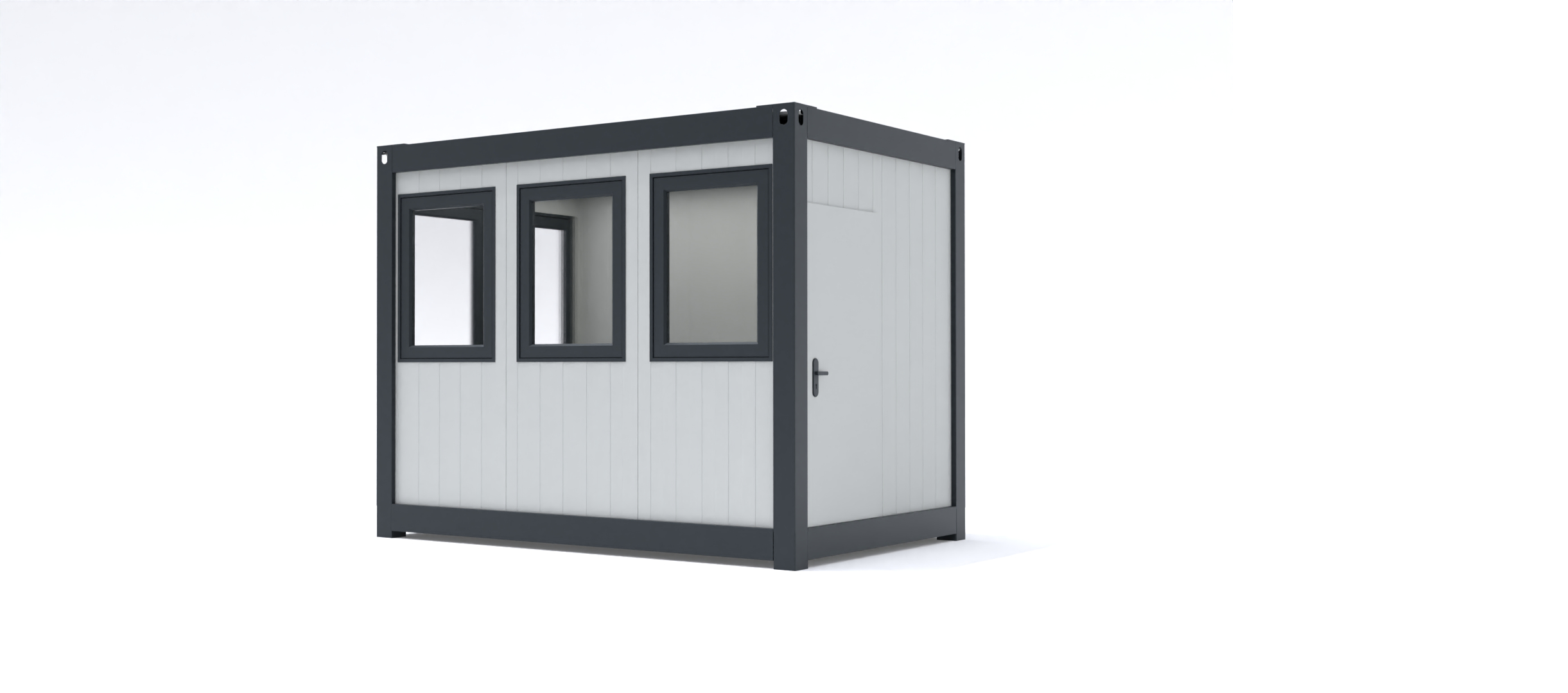Prefab kantoorunit KLW 3 Kantoorunit Alicia in de standaard configuratie afmetingen: 2x2m. Leverbaar als kantoorunit voor binnen en geïsoleerd voor buiten. Kozijnen en frame naar keuze ral 9010 of antraciet ral 7016.