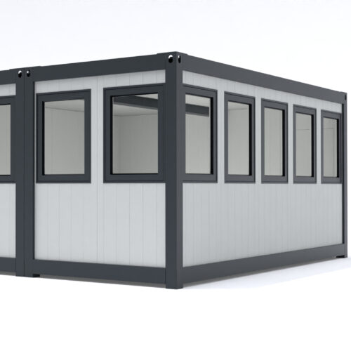 Prefab kantoorunit KLW 30 Kantoorunit Alicia in de standaard configuratie afmetingen: 4x4m. (Deze kantoorunit wordt in 2 delen geleverd die eenvoudig in het werk geschakeld zijn). Leverbaar als kantoorunit voor binnen en geïsoleerd voor buiten. Kozijnen en frame naar keuze ral 9010 of antraciet ral 7016.