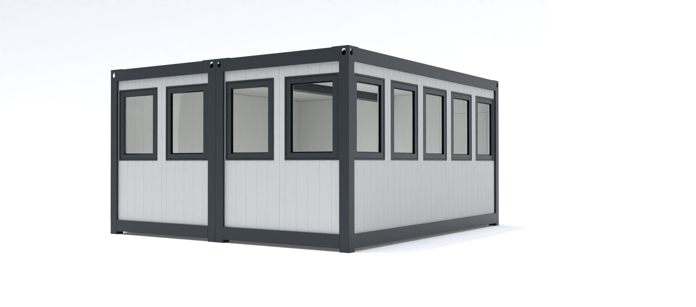 Prefab kantoorunit KLW 9 Kantoorunit Alicia in de standaard configuratie afmetingen: 4x4m. (Deze kantoorunit wordt in 2 delen geleverd die eenvoudig in het werk geschakeld zijn). Leverbaar als kantoorunit voor binnen en geïsoleerd voor buiten. Kozijnen en frame naar keuze ral 9010 of antraciet ral 7016.