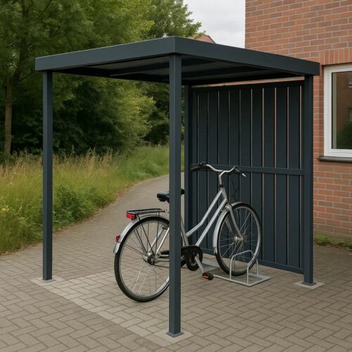 Lamellen. De Velorama is een luxe, compacte fietsoverkapping van slechts 180 cm hoog en 2 meter lang, perfect ontworpen voor gebruik in particuliere tuinen zonder het zicht over de schutting te belemmeren.