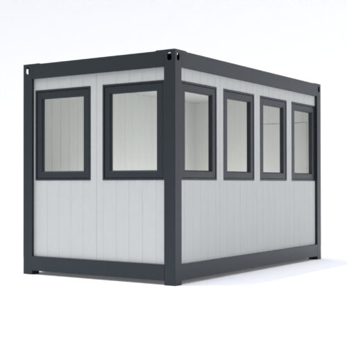 Prefab kantoorunit KLW 25 Kantoorunit Alicia in de standaard configuratie afmetingen: 3x2m. Leverbaar als kantoorunit voor binnen en geïsoleerd voor buiten. Kozijnen en frame naar keuze ral 9010 of antraciet ral 7016.