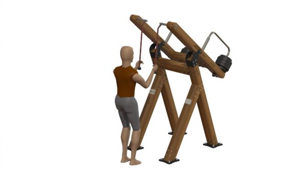 Duurzame outdoor krachtsporttoestellen van hout voor intensief gebruik. Ideaal voor parken, scholen en sportlocaties.