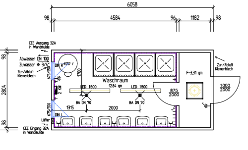 Technische tekening Sanitair unit 6x3 Type T2