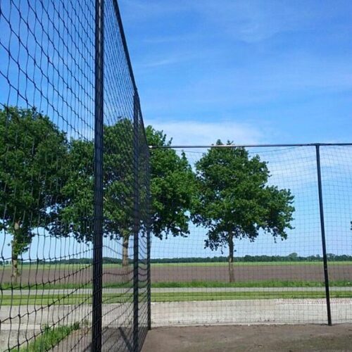 Ballenvanger op maat 101 Ballenvangernet maas 100 x 100 mm. Zwart geknoopt Pe. Hier op de door ons geplaatste ballenvangers 5 meter hoog, rond een trapveld voor de jeugd.