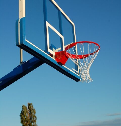 Basketbalbord Profi compleet 16 Basketbalbord afgebeeld met de blauwe protectie aan de onderzjde