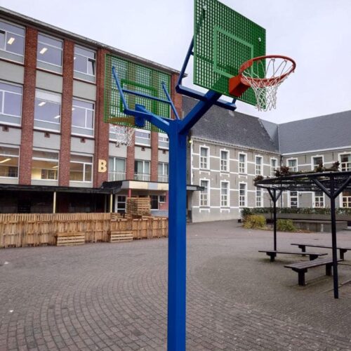 Basketbalpaal model Duo 29 Basketbalpaal Duo blauw gecoat met groene basketbalborden. Ideaal voor speel en schoolpleinen. In bijna iedere ral kleer leverbaar.