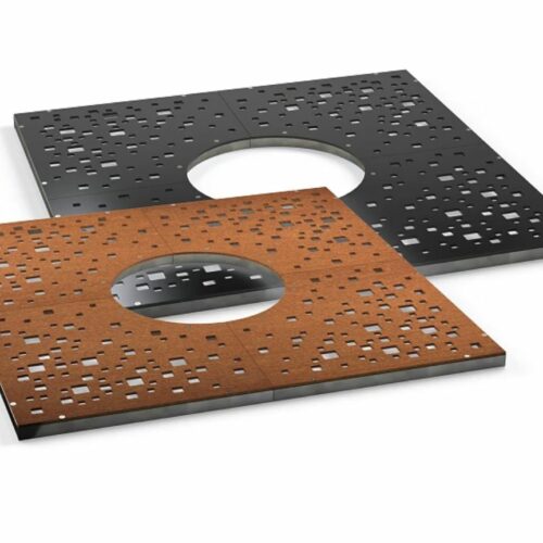 Boomrooster Corten 12 Boomrooster Corten. Zorgt voor bescherming van de boom en omgeving. Leverbaar in verschillende maten. Afgebeeld in de rvs (Corten) uitvoering en in de verzinkte en gepoedercoate uitvoering.