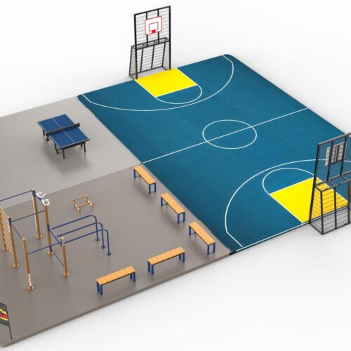 Voetbaldoel met basketbal VBC160 165 Voetbaldoel basketbalcombinaties model VBC160 in een concept plan met onze buiten fitness toestellen en calisthenicstoestel model Nippur