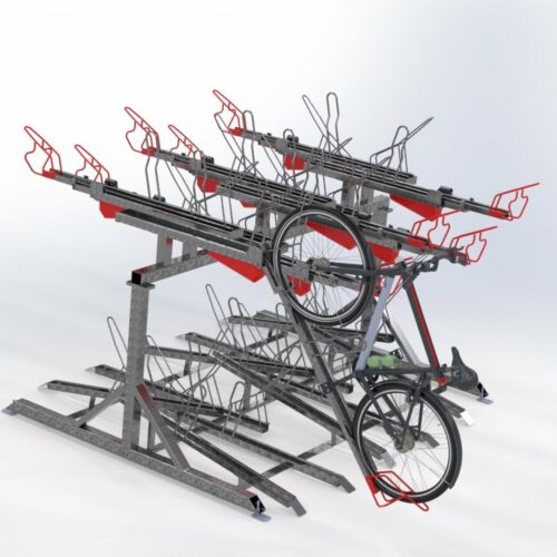 Tweelaags fietsenrekken 21 De tweezijdige uitvoering van dit degelijke en duurzame tweelaags- fietsenrekc.q.- fietsparkeersysteem