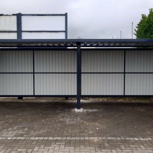 Fietsoverkapping Leipzig – Budgetvriendelijk & Schakelbaar 113 Fietsoverkapping model Leipzig 12m in Elsloo (Maastricht). Ideaal voor 20 tot 24 fietsen.