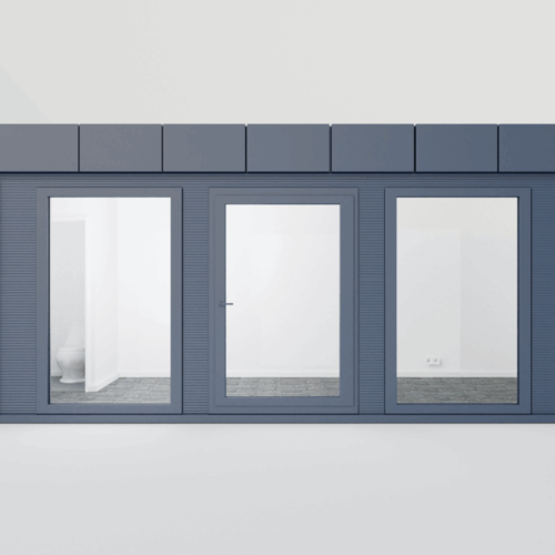 Modulaire kantoorunit 6x3 m 23 Kantoorunit 6x3m voorzijde, zilvergekleurde buitenmuurplaat.