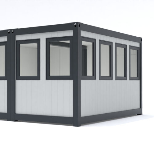 Prefab kantoorunit KLW 29 Kantoorunit Alicia in de standaard configuratie afmetingen: 3x4m. (Deze kantoorunit wordt in 2 delen geleverd die eenvoudig in het werk geschakeld zijn). Leverbaar als kantoorunit voor binnen en geïsoleerd voor buiten. Kozijnen en frame naar keuze ral 9010 of antraciet ral 7016.