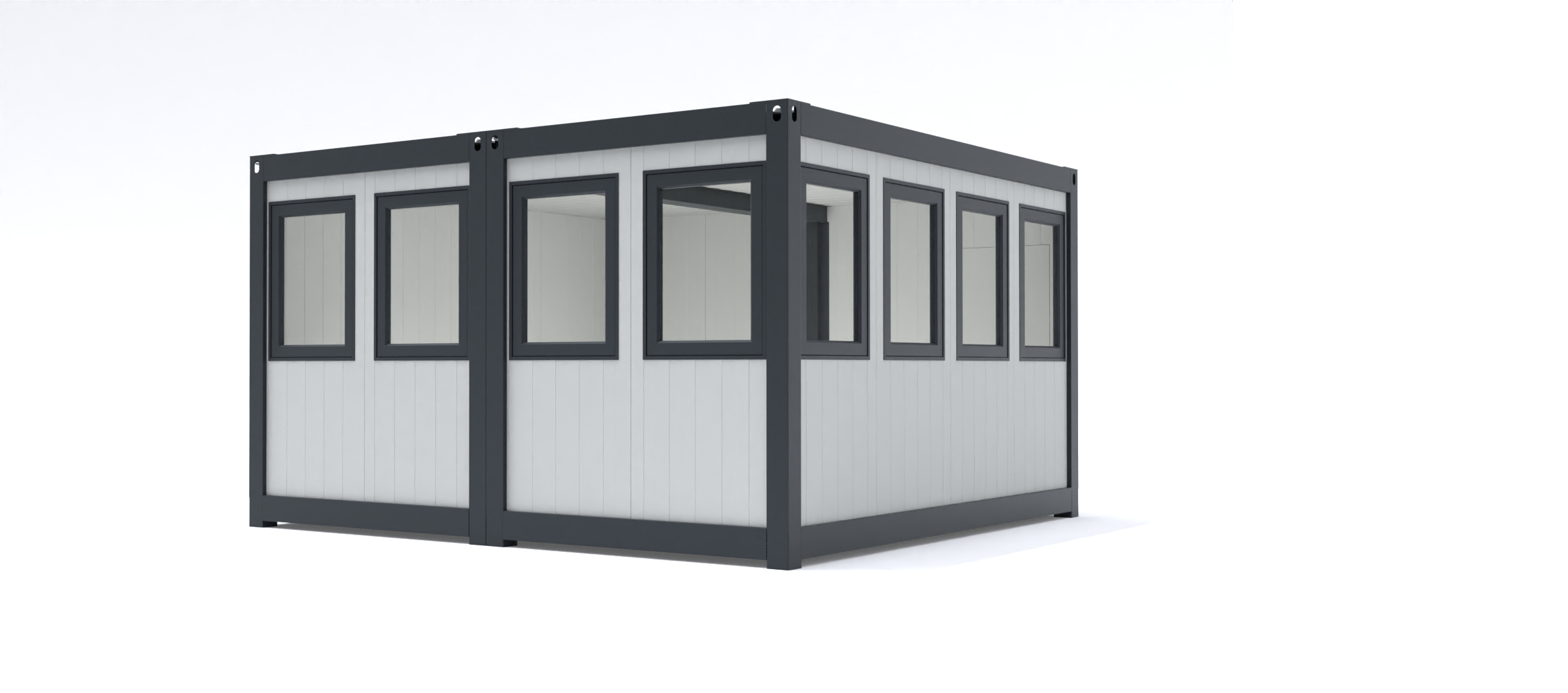 Prefab kantoorunit KLW 8 Kantoorunit Alicia in de standaard configuratie afmetingen: 3x4m. (Deze kantoorunit wordt in 2 delen geleverd die eenvoudig in het werk geschakeld zijn). Leverbaar als kantoorunit voor binnen en geïsoleerd voor buiten. Kozijnen en frame naar keuze ral 9010 of antraciet ral 7016.