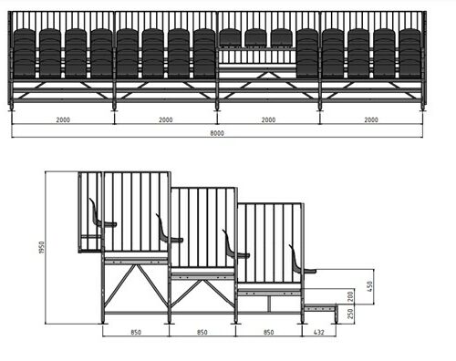 Modulaire sport- tribunes 103 De tekeningen die we sturen na opdracht. Deze tribunes zijn absoluut een aanwinst voor iedere sportaccommodatie.