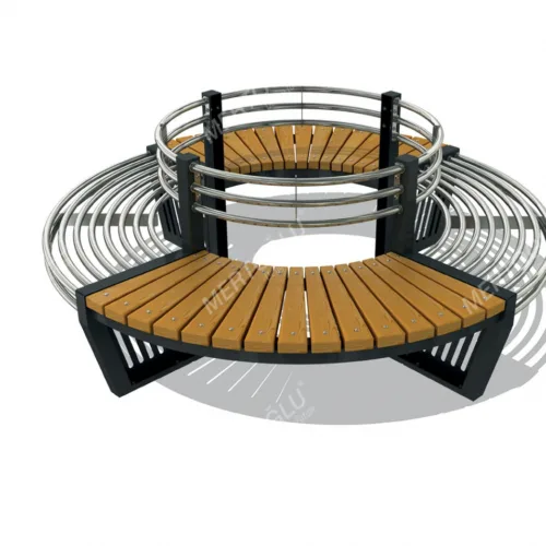 Boom bank Ikisi heeft een rugleuning en combineert een fraai metalen frame met twee houten zittingen van geïmpregneerd grenen. Speciaal geschikt voor buiten. Straatmeubilair met een prachtige vormgeving.