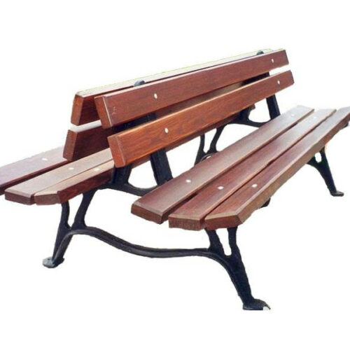 Dubbele parkbank van gietijzer afgewerkt met gecoate houten zitting.
