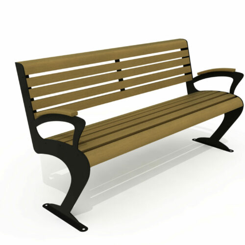 Parkbank Sincan 13 Impressie van Parkbank Sincan met het gepoedercoate frame en de standaard hout uitvoering.