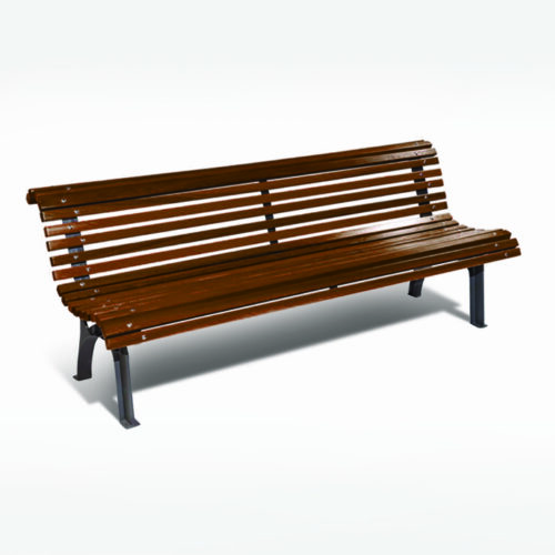 Gietijzeren parkbank met doorlopende houten zitting en rugleuning