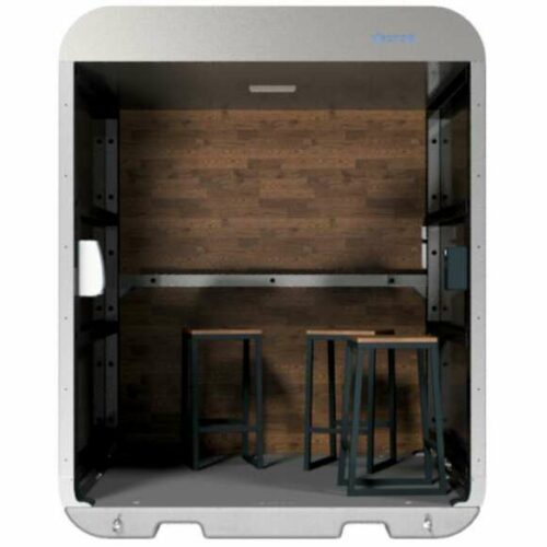 Mini kantoorunit 6 De rvs uitvoering van deze leuke werkplek, meeting point voor bedrijven en overheden. Sleutelklaar, inclusief 3 stoelen, dispencer en de stroomaansluitingen