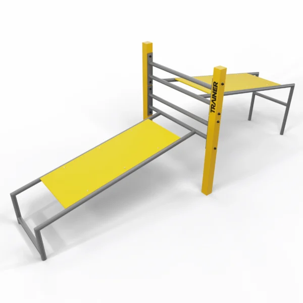 De gele uitvoering van deze dubbele incline bench outdoor