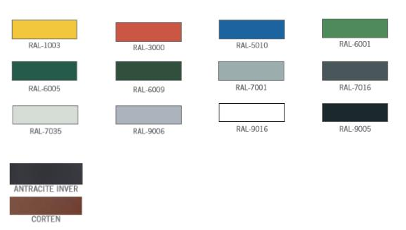 Parkbank Reijka 11 De standaard (ral) kleuren waarin deze parkbanken geleverd worden. Andere ral kleuren op aanvraag mogelijk.