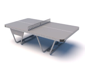 Ideale tafeltennistafel voor buiten: Stalen frame met een waterdicht blad van HPL, Afgeronde hoeken en leverbaar, met een groen tafeltennisblad en in het grijs.