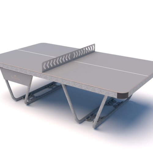 Tafeltennis Robusta 3 Ideale tafeltennistafel voor buiten: Stalen frame met een waterdicht blad van HPL, Afgeronde hoeken en leverbaar, met een groen tafeltennisblad en in het grijs.
