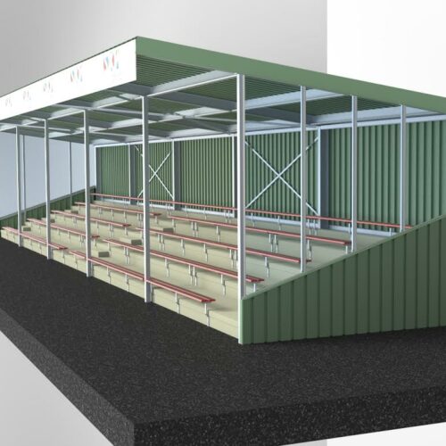 Tribune Alto - Replay 96 Tribune Alto/RTeplay 3D tekening lengte tribune 20 meter. De tribunes van de Replay-serie zijn leverbaar vanaf een lengte van 12 meter, ideaal voor sportvelden.