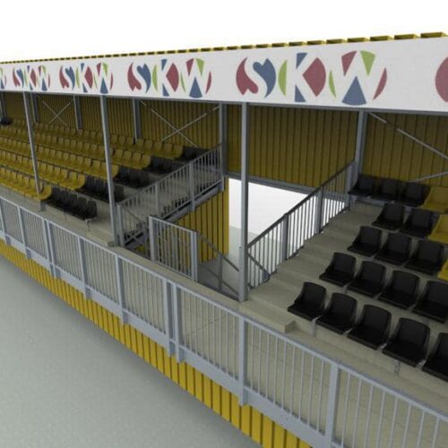 Tribune model Live 70 Tribunebouw, u ontvangt eerst een tekening van de tribune alvorens u tot koop overgaat. Zodat u weet dat u de juiste tribune langs de lijn krijgt. SKWshop, ook sterk in tribunebouw. Maatwerk, vakwerk.