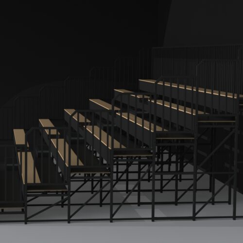 Tribunes voor sporthallen model Montreal 21 Tribune Montreal, deze tekening/impressie sturen we voordat we deze gaan produceren te goedkeuring. Een ideale indoor tribune voor uw sporthal. Deze is uitgevoerd met FSC houten zitplanken.